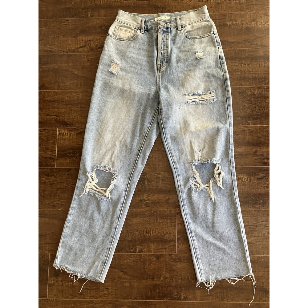 PacSun High Rise Straight Jeans 27 Distressed Light Wash Raw Hem 100% Cotton Y2K